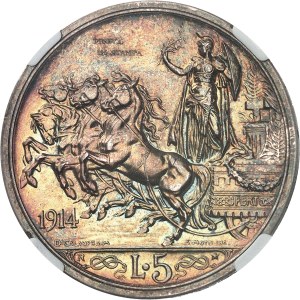 Victor-Emmanuel III (1900-1946). Essay on 5 lire au quadrige by D. Calandra 1914, R, Rome.