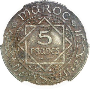 Mohammed V (1927-1961). Épreuve de 5 francs en bronze-aluminium, Frappe spéciale (SP) AH 1352 (1933), Paris.