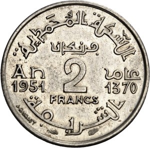 Mohammed V (1927-1961). Proof of 2 francs in silver 1951 - AH 1370, Paris.