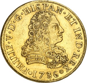Philippe V (1700-1746). 8 escudos 1736 MF, M°, Mexico.