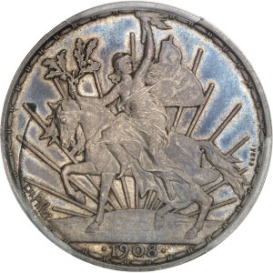 République du Mexique (1821-1917). Essai de Un peso “Caballito” par Charles Pillet, tranche en relief, Frappe spéciale (SP) 1908, Paris.