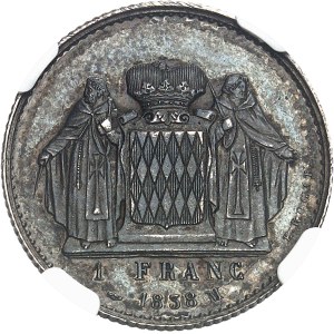 Honoré V (1819-1841). Essai de 1 franc, en argent, par É. Rogat, Flan bruni (PROOF) 1838, Monaco.