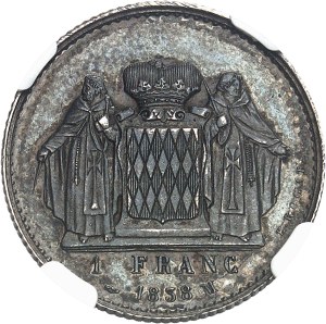 Honoré V (1819-1841). Essai de 1 franc, en argent, by É. Rogat, Flan bruni (PROOF) 1838, Monaco.