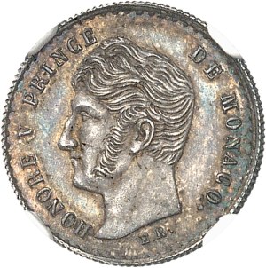 Honoré V (1819-1841). Essai de 1/4 franc, en argent, by É. Rogat, Flan bruni (PROOF) 1838, Monaco.