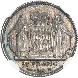 Honoré V (1819-1841). Essai de 1/4 franc, en argent, par É. Rogat, Flan bruni (PROOF) 1838, Monaco.