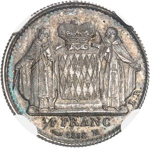 Honoré V (1819-1841). Essai de 1/4 franc, en argent, by É. Rogat, Flan bruni (PROOF) 1838, Monaco.
