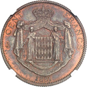 Charles III (1853-1889). Essai de 100 (Cent) francs, Flan bruni (PROOF) 1881, A, Paris.