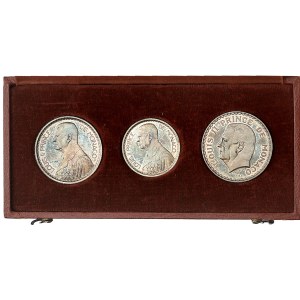 Louis II (1922-1949). Coffret de 3 essais en argent, de 20, 10 et 5 francs, par P. Turin et L. Maubert 1945, Paris.