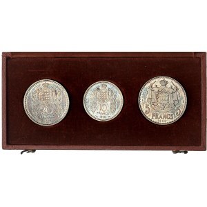 Louis II (1922-1949). Coffret de 3 essais en argent, de 20, 10 et 5 francs, par P. Turin et L. Maubert 1945, Paris.