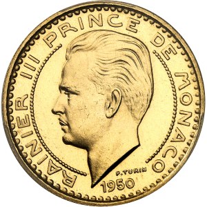 Rainier III (1949-2005). Essai de 100 francs en Or, Frappe spéciale (SP) 1950, Paris.