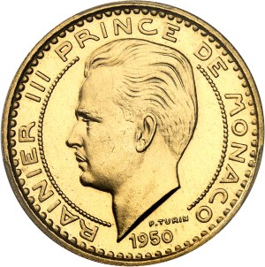 Rainier III (1949-2005). Trial of 100 francs in Gold, Frappe spéciale (SP) 1950, Paris.