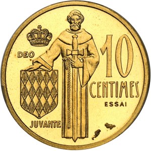 Rainier III (1949-2005). Essai-piéfort de 10 centimes en Or, Frappe spéciale (SP) 1962, Paris.
