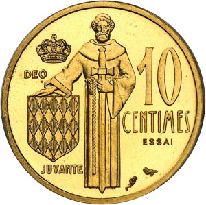 Rainier III (1949-2005). Essai-piéfort de 10 centimes en Or, Frappe spéciale (SP) 1962, Paris.