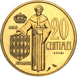 Rainier III (1949-2005). Essai-piéfort de 20 centimes en Or, Frappe spéciale (SP) 1962, Paris.