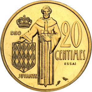 Rainier III (1949-2005). Essai-piéfort de 20 centimes en Or, Frappe spéciale (SP) 1962, Paris.