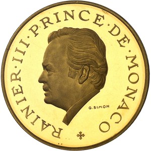 Rainier III (1949-2005). Piéfort de 10 francs en Or, 25e anniversaire de règne, Flan bruni (PROOF) 1974, Paris.
