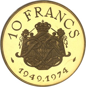 Rainier III (1949-2005). Piéfort de 10 francs en Or, 25e anniversaire de règne, Flan bruni (PROOF) 1974, Paris.
