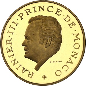 Rainier III (1949-2005). Piéfort de 10 francs en Or, 25e anniversaire de règne, Flan bruni (PROOF) 1974, Paris.