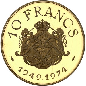 Rainier III (1949-2005). Piéfort de 10 francs en Or, 25e anniversaire de règne, Flan bruni (PROOF) 1974, Paris.