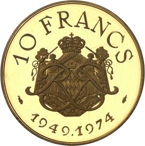 Rainier III (1949-2005). Piéfort de 10 francs en Or, 25e anniversaire de règne, Flan bruni (PROOF) 1974, Paris.