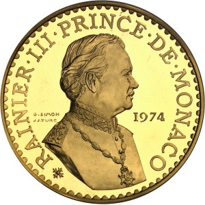 Rainier III (1949-2005). Piéfort de 50 francs en Or, vingt-cinq années de règne, Flan bruni (PROOF) 1974, Paris.