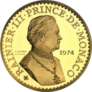 Rainier III (1949-2005). Piéfort de 50 francs en Or, vingt-cinq années de règne, Flan bruni (PROOF) 1974, Paris.