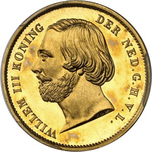 Guillaume III (1849-1890). Double guillaume d’Or (double gouden Willem) au module de 20 gulden (20 florins) pour le Commerce (Dubbele negotiepenning), par D. van der Kellen, Flan bruni (PROOF) 1853, Utrecht.