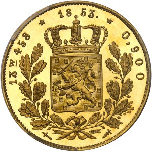 Guillaume III (1849-1890). Double guillaume d’Or (double gouden Willem) au module de 20 gulden (20 florins) pour le Commerce (Dubbele negotiepenning), par D. van der Kellen, Flan bruni (PROOF) 1853, Utrecht.