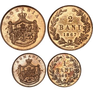 Charles Ier de Roumanie (1866-1914). Lot de 1 banu, 2 et 5 bani 1867, Heaton.