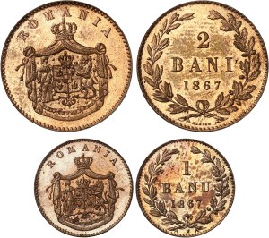 Charles I of Romania (1866-1914). Lot of 1 banu, 2 and 5 bani 1867, Heaton.
