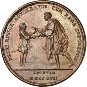Pierre Ier le Grand (1689-1725). Médaille, entrevue du tsar Pierre Ier avec Louis XV le 11 mai 1717, par J. Duvivier (non signée) MDCCXVII (1717), Paris.