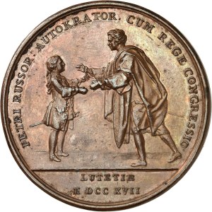 Peter I the Great (1689-1725). Medal, Interview of Tsar Peter I with Louis XV on May 11, 1717, by J. Duvivier (unsigned) MDCCXVII (1717), Paris.