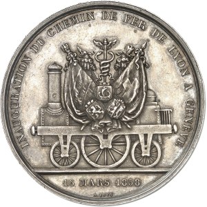 Genève (canton de). Médaille, inauguration du chemin de fer entre Lyon et Genève le 16 mars 1858, par A. Bovy 1858, Genève.