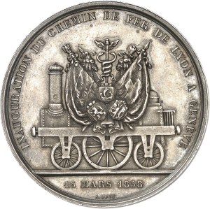 Genève (canton de). Medal, inauguration of the railroad between Lyon and Geneva on March 16, 1858, by A. Bovy 1858, Geneva.