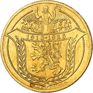 Première république tchécoslovaque (1918-1938). Médaille monétiforme au module de 2 ducats en or, 10e anniversaire de la République, par O. Spaniel 1928, Kremnitz.