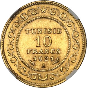 Mohamed el-Naceur, Bey (1906-1922). 10 francs AH 1340 - 1921, A, Paris.