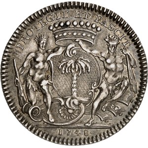 Amérique-Canada (colonies françaises), Louis XV (1715-1774). Jeton de Mathurin Bellabre, Maire de Nantes, aux Amérindiens par Duvivier 1748, Paris.