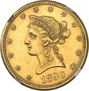 Federal Republic of the United States of America (1776-present). 10 Liberty dollars, with motto 1890, CC, Carson City.