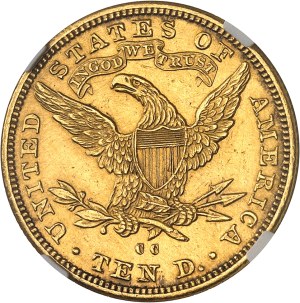 Federal Republic of the United States of America (1776-present). 10 Liberty dollars, with motto 1890, CC, Carson City.