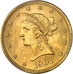 Federal Republic of the United States of America (1776-present). 10 Liberty dollars, with motto 1901, Philadelphia.