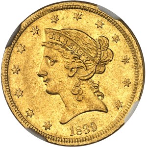 République fédérale des États-Unis d’Amérique (1776-à nos jours). 5 dollars Liberty, sans devise 1839, Philadelphie.