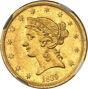 Federal Republic of the United States of America (1776-present). 5 Liberty dollars, without motto 1839, Philadelphia.