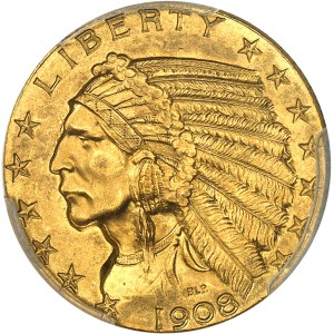 République fédérale des États-Unis d’Amérique (1776-à nos jours). 5 dollars Indien 1908, Philadelphie.