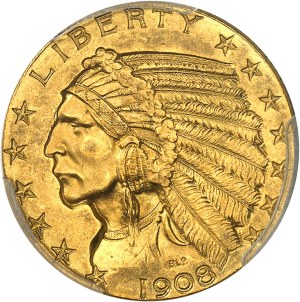 Federal Republic of the United States of America (1776-present). 5 Indian dollars 1908, Philadelphia.