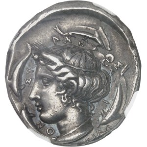 Sicile, Syracuse, deuxième démocratie (466-405 av. J.-C.). Tétradrachme, avers signé par Euth- et le revers par Phrygillos ND (415-405 av. J.-C.), Syracuse.