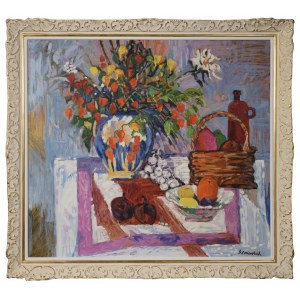 Jan SZANCENBACH (1928-1998), Kwiaty, owoce i czosnek, 1995