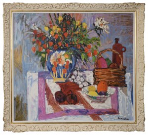 Jan SZANCENBACH (1928-1998), Kwiaty, owoce i czosnek, 1995