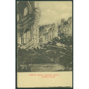 1 GORLICE - Rozbity granatami kościół, Wyd. art. poczt. Polonia, Jarosław 1916, św. sepia,
