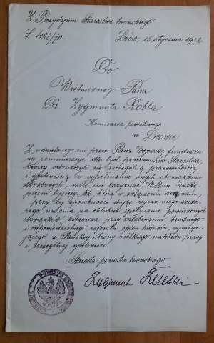 Letter from the Presidium of the Lviv Starosty to Zygmunt Robel District Commissioner in Lviv regarding rewards for employees.15.01.1922.