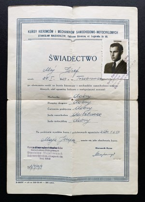 [Automotive] CERTIFICATE OF COMPLETION OF COURSE FOR CAR AND MOTORCYCLE MECHANIC. Course by Stanislaw MAJCHERCZYK. Dąbrowa Górnicza [1950].